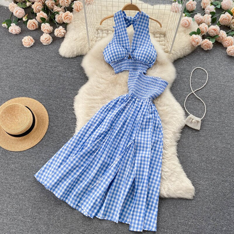 Women Halter Neck Plaid Design Skirt Set Blue One Size