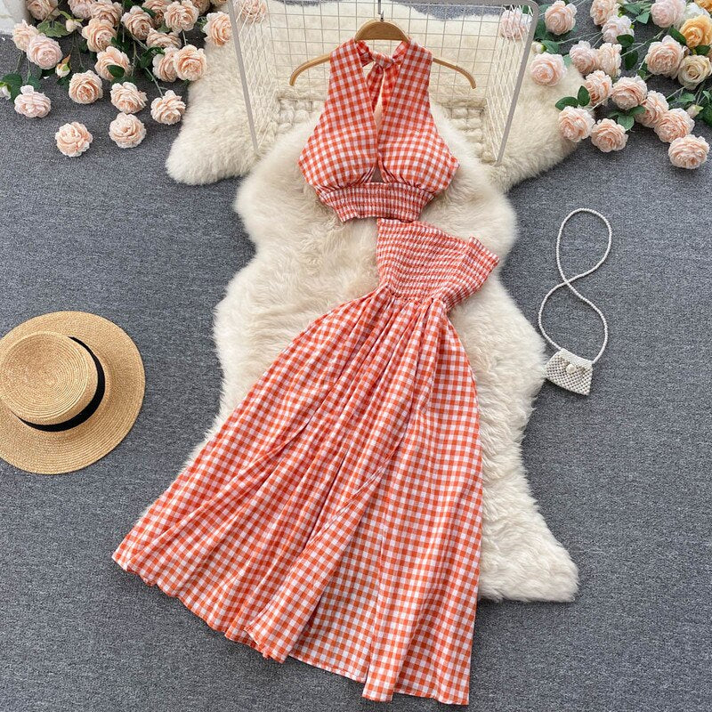 Women Halter Neck Plaid Design Skirt Set Red One Size