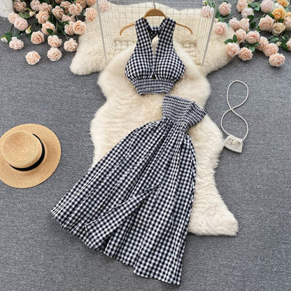 Women Halter Neck Plaid Design Skirt Set Black One Size