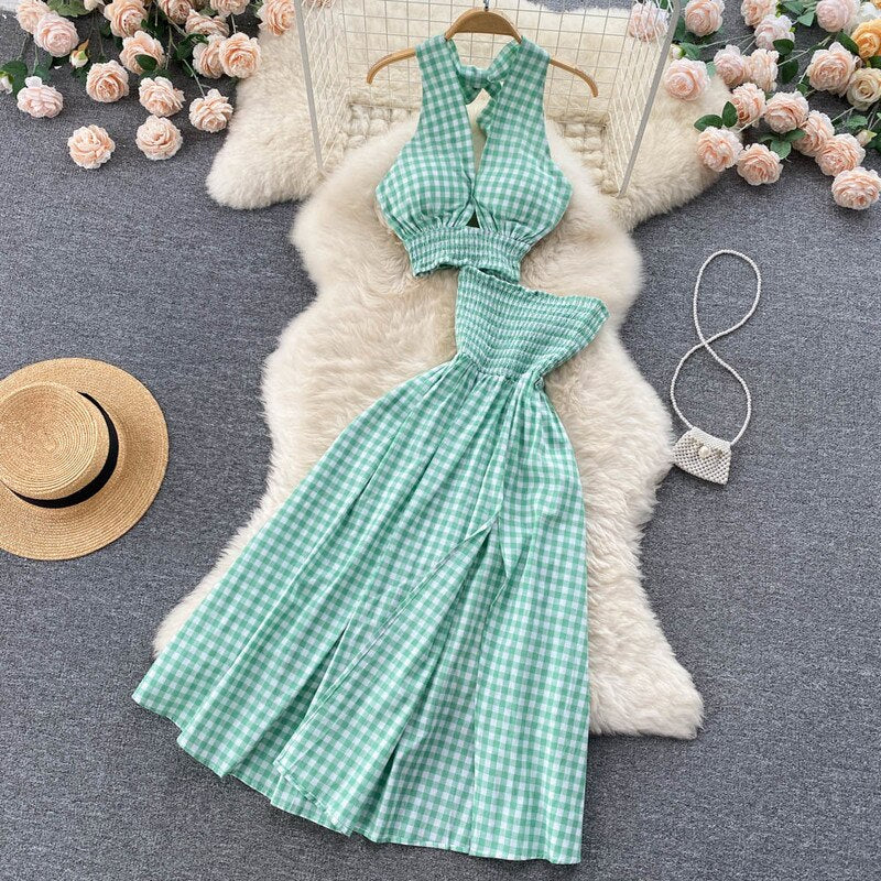 Women Halter Neck Plaid Design Skirt Set Green One Size