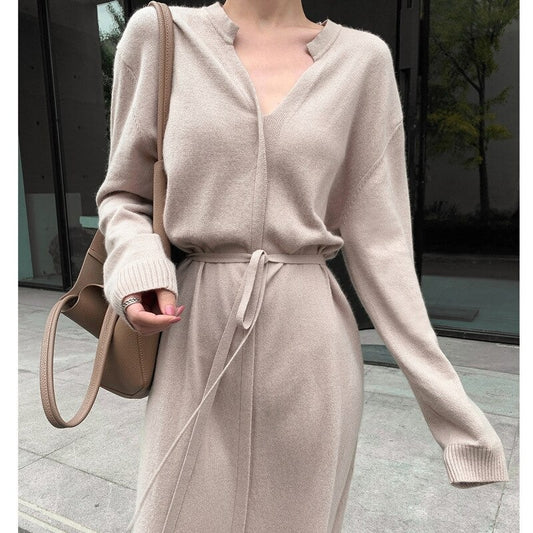 Women's Mid-Length Drawstring Straight Sweater Dress