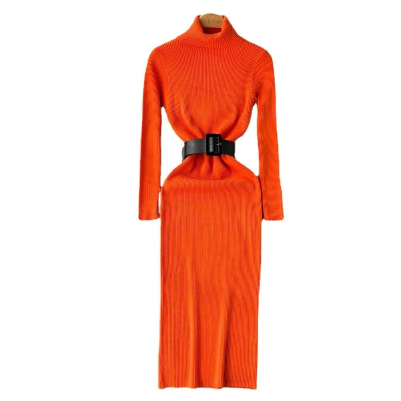 Women's Turtleneck A-Line Knitted Bodycon Dress With Belt One Size Orange