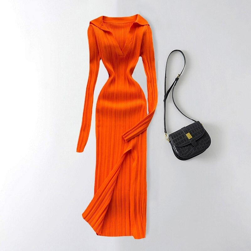 Slit Slim Knitted Square Neck Sheath Sweater Dress One Size Orange