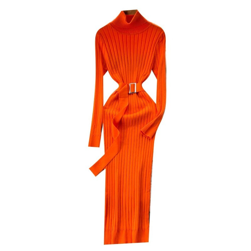 Knitted Waist Slimming Long Bodycon Dress With Belt One Size Orange