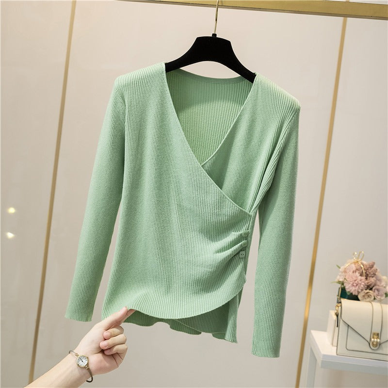 V-Neck Elegant Button Long-Sleeved Pullover For Women Green One Size