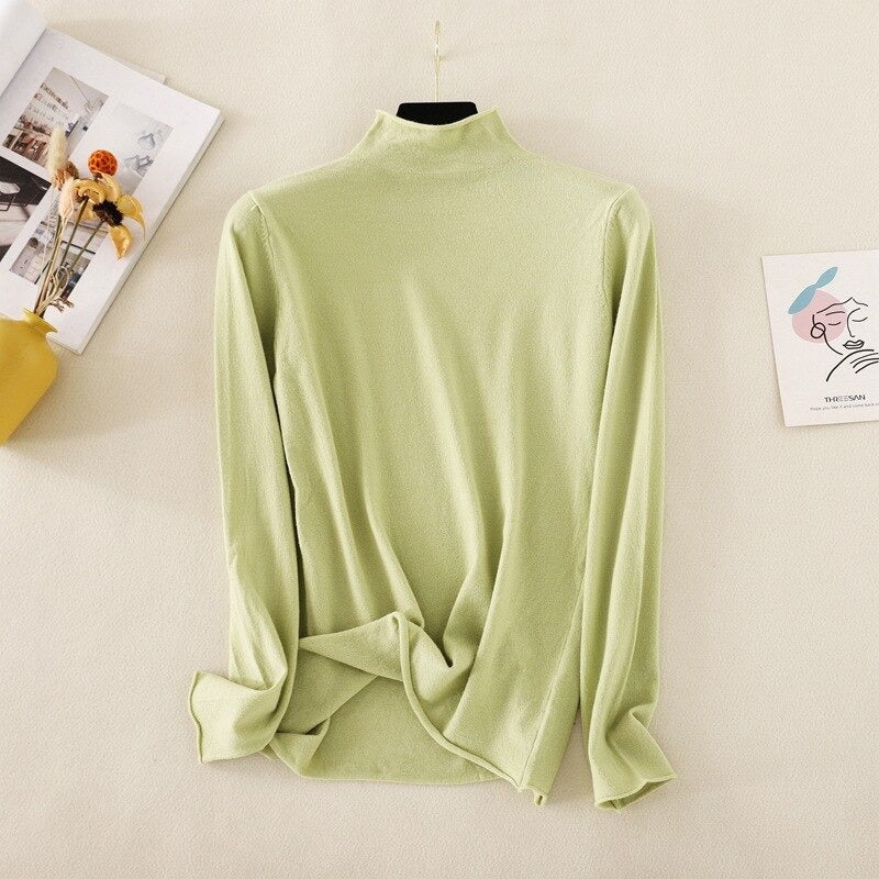 Mock Neck Basic Solid Long Sleeve Jumper For Women Light Green One Size