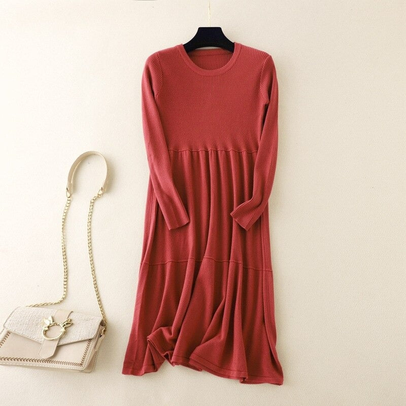 Loose A-Line Knitted Long Sweater Dress Red One Size