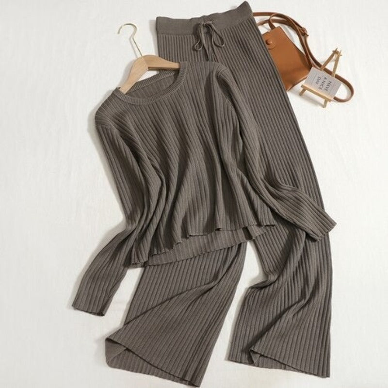 Warm Knitted Two Piece Tops And Pants Sets