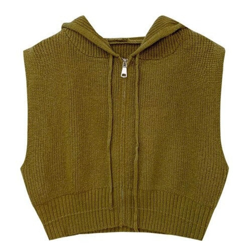 Loose Zipper Knitted Hooded Sweater Vest For Women Army Green One Size