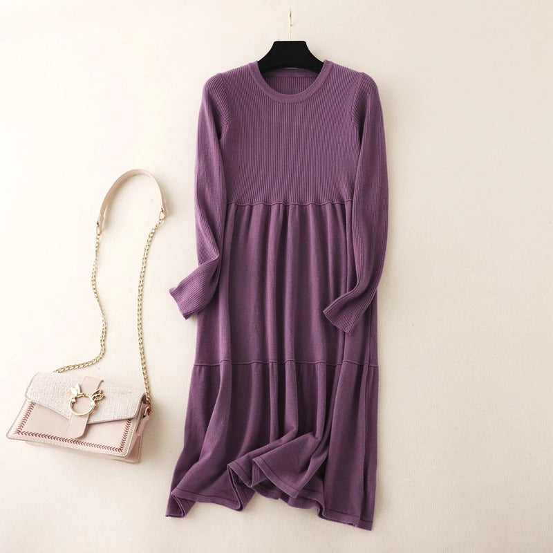 Loose A-Line Knitted Long Sweater Dress Purple One Size