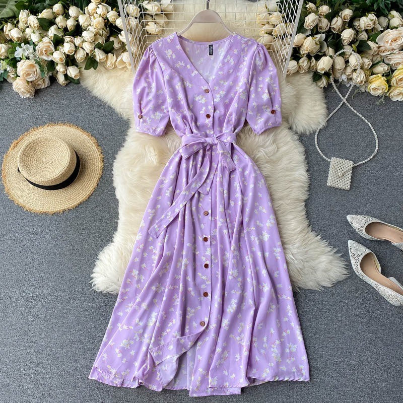 Elegant V-neck Polka Dot Short Sleeve Dress For Women Purple One Size