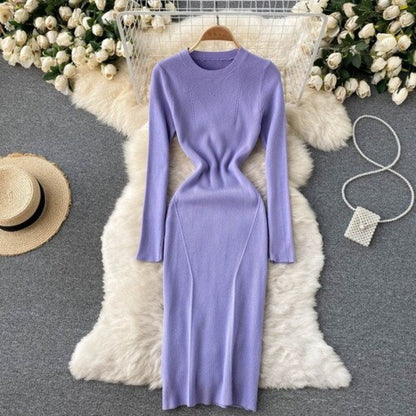 Elegant O Neck Tight Stretch Knit Dress For Women Purple One Size