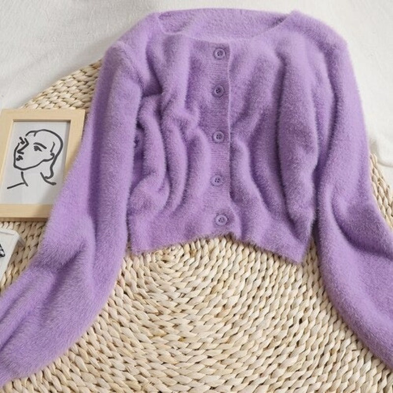 Soft Mohair Solid Short Cardigans For Women Purple