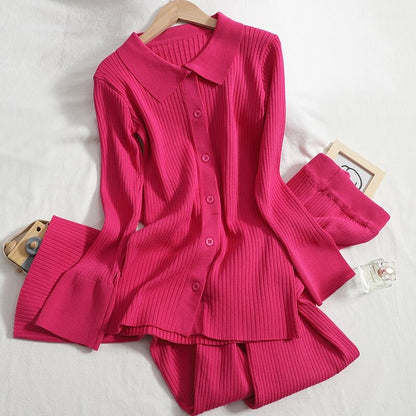 Knitted Two Piece Cardigan Shirt And Pants For Women Pink One Size