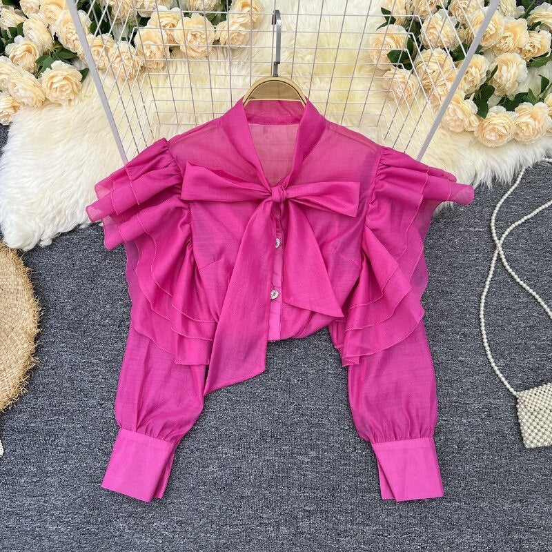 Retro Bow Collar Ruffles Blouses Shirt For Women