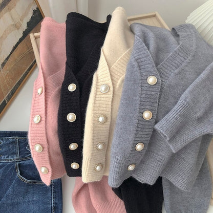 V-Neck Solid Long-Sleeved Knitted Cardigans For Women