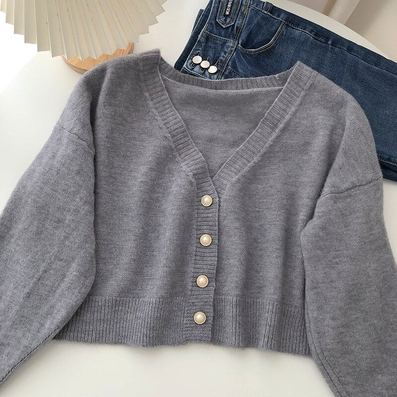 V-Neck Solid Long-Sleeved Knitted Cardigans For Women