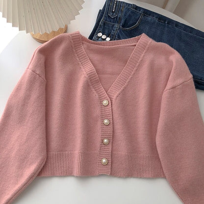 V-Neck Solid Long-Sleeved Knitted Cardigans For Women Pink One Size