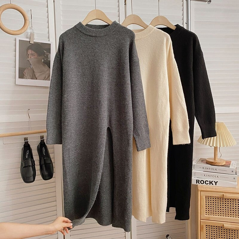 Women's Slitted Long-Sleeve Knitted Sweater Dress