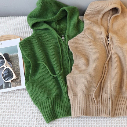 Hooded Loose Zipper Knit Sweater Vest