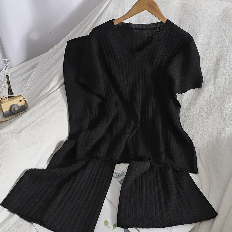 Knitted Solid Pullover With Wide-Leg Pants For Women Black One Size