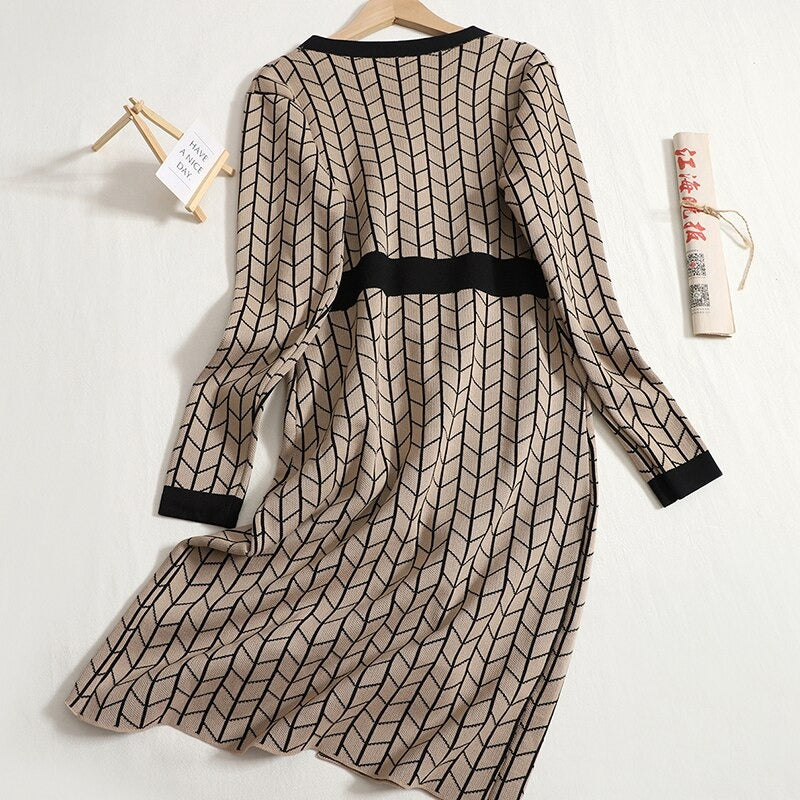 Mid-Length V-Neck Plaid Knitted Split Dress