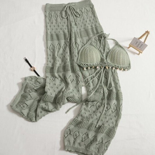 Crochet Lace-Up Hollow Knitted Suit Green