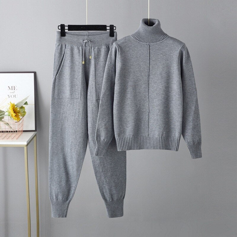 Casual Turtleneck 2 Piece Women's Sweater Gray One Size