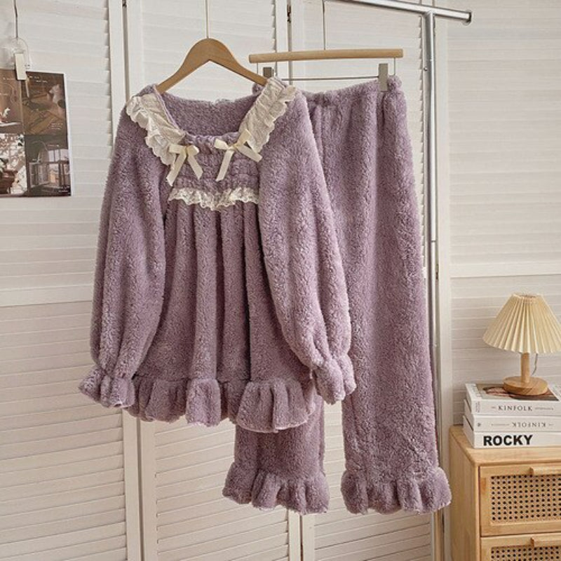 Korean Lace Long Pajama Set For Women Purple One Size