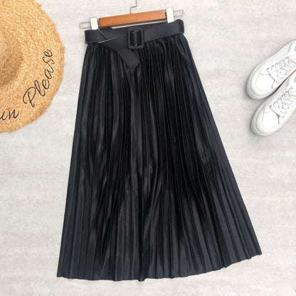 Colorful Solid Satin Pleated Skirt For Women Black One Size