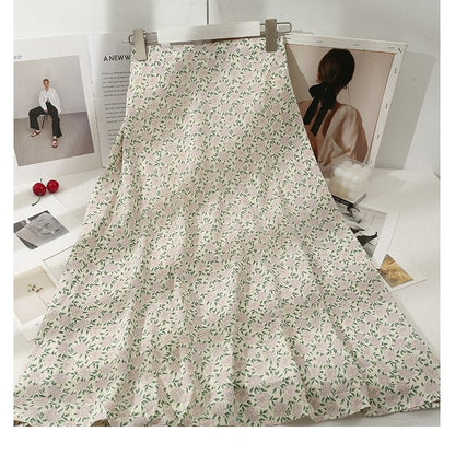 Retro Floral Printed Skirt For Women Beige Green One Size