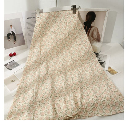 Retro Floral Printed Skirt For Women Beige One Size