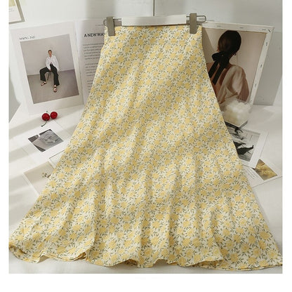 Retro Floral Printed Skirt For Women Yellow One Size