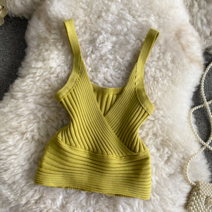 Retro Knitted Vest V-Neck Solid Camisole Yellow One Size