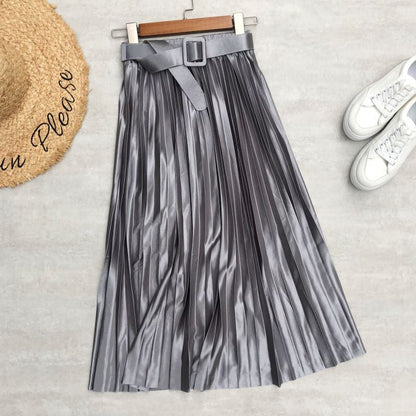 Colorful Solid Satin Pleated Skirt For Women Gray One Size