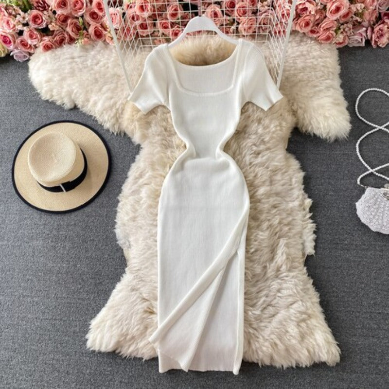 Slit Slim Knitted Short Sleeve Dress For Women White One Size