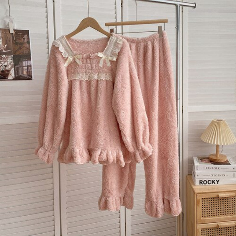 Korean Lace Long Pajama Set For Women Pink One Size