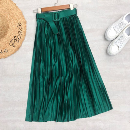 Colorful Solid Satin Pleated Skirt For Women Green One Size