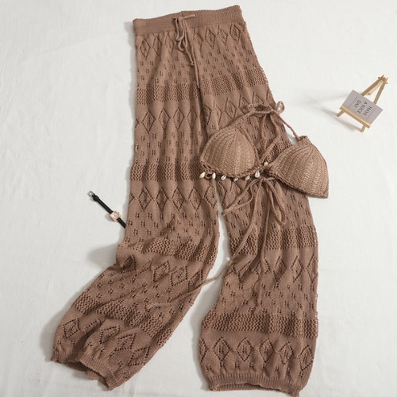 Crochet Lace-Up Hollow Knitted Suit Khaki