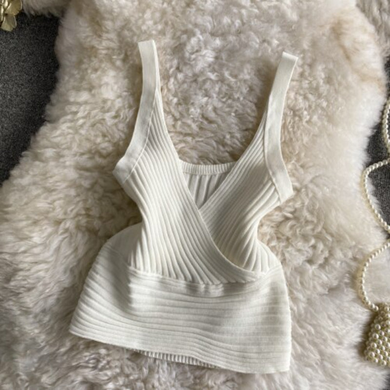 Retro Knitted Vest V-Neck Solid Camisole