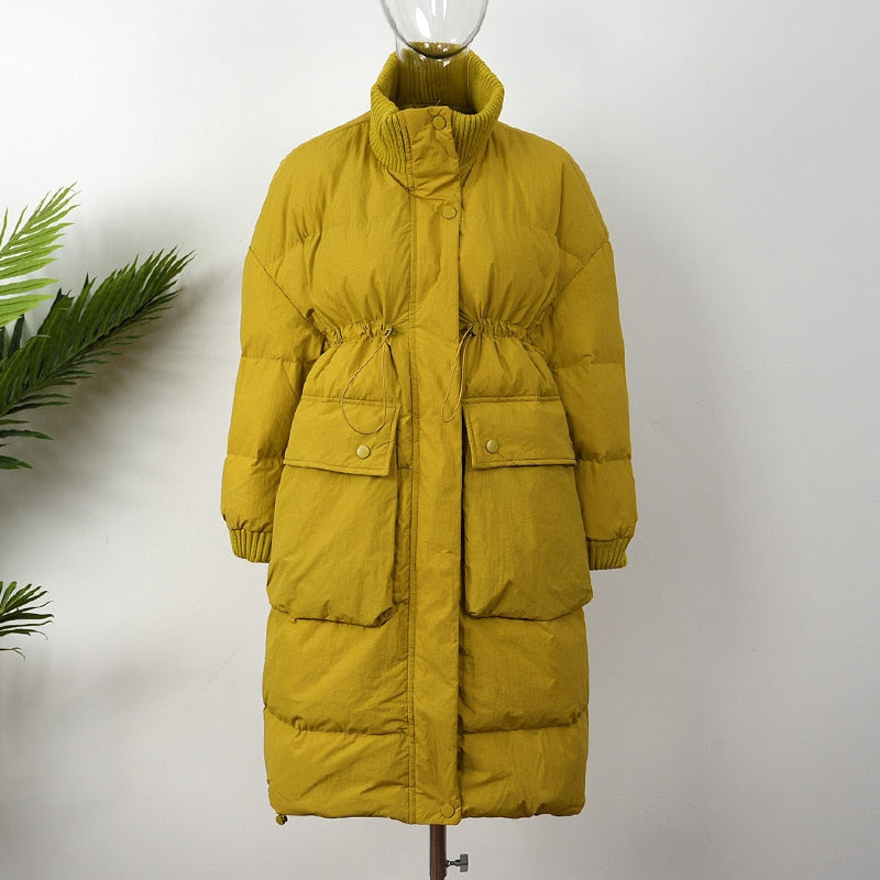 Cotton Thickened Long Parkas Coat for Women Yellow M