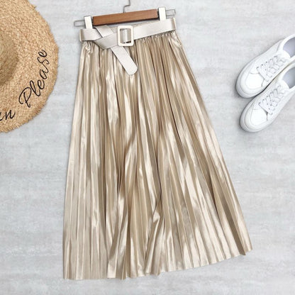 Colorful Solid Satin Pleated Skirt For Women Beige One Size