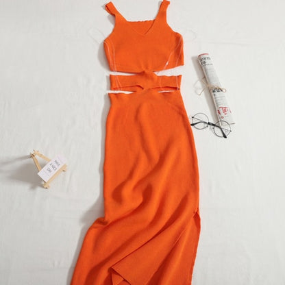 Waist Cutout Knitted Dress For Women Orange One Size