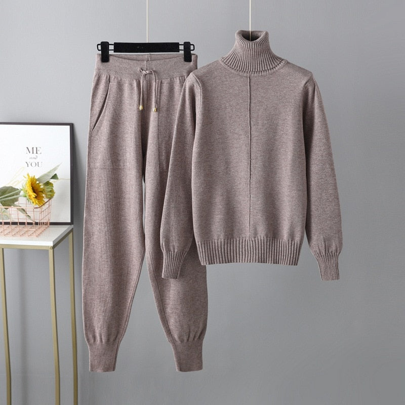 Casual Turtleneck 2 Piece Women's Sweater Coffee One Size