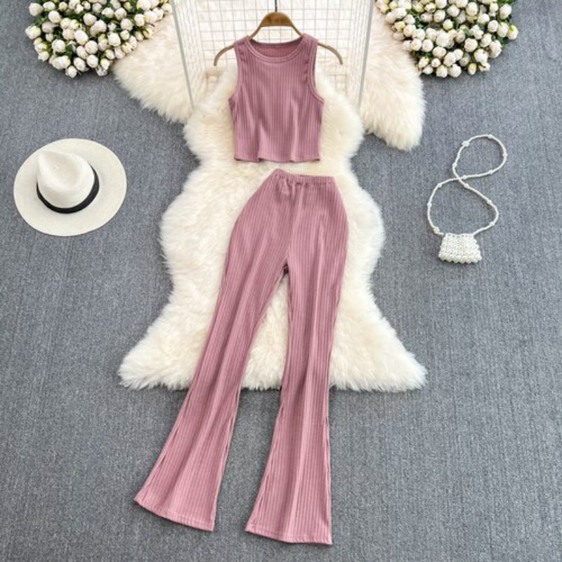 Casual Vest Sleeveless O-Neck 2 Piece Set Pink One Size