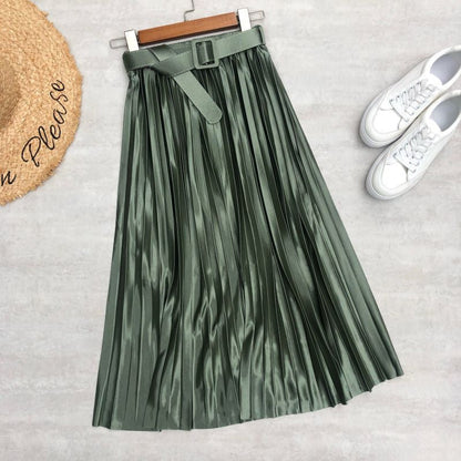 Colorful Solid Satin Pleated Skirt For Women Light Green One Size