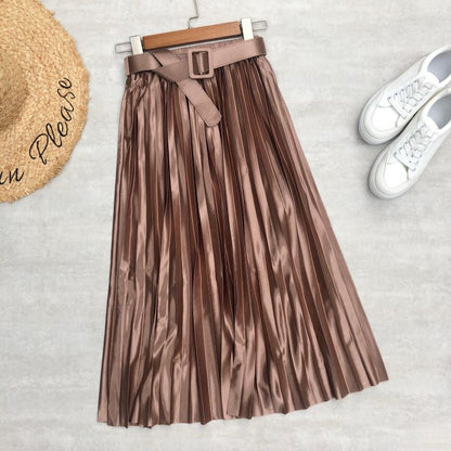 Colorful Solid Satin Pleated Skirt For Women Brown One Size