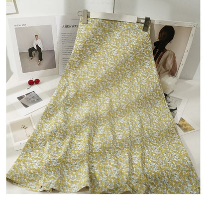 Retro Floral Printed Skirt For Women Mustard Yellow One Size