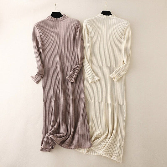 Pleated Mock Neck Knitted Sweater Dress