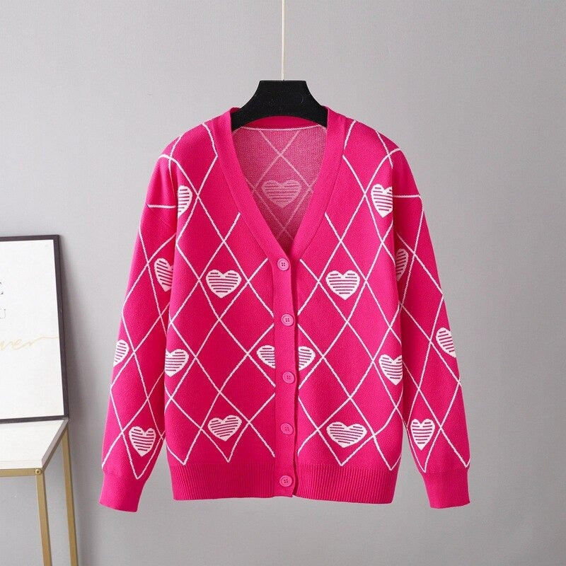 Warm Loose V-Neck Knitted Cardigan For Women Pink One Size